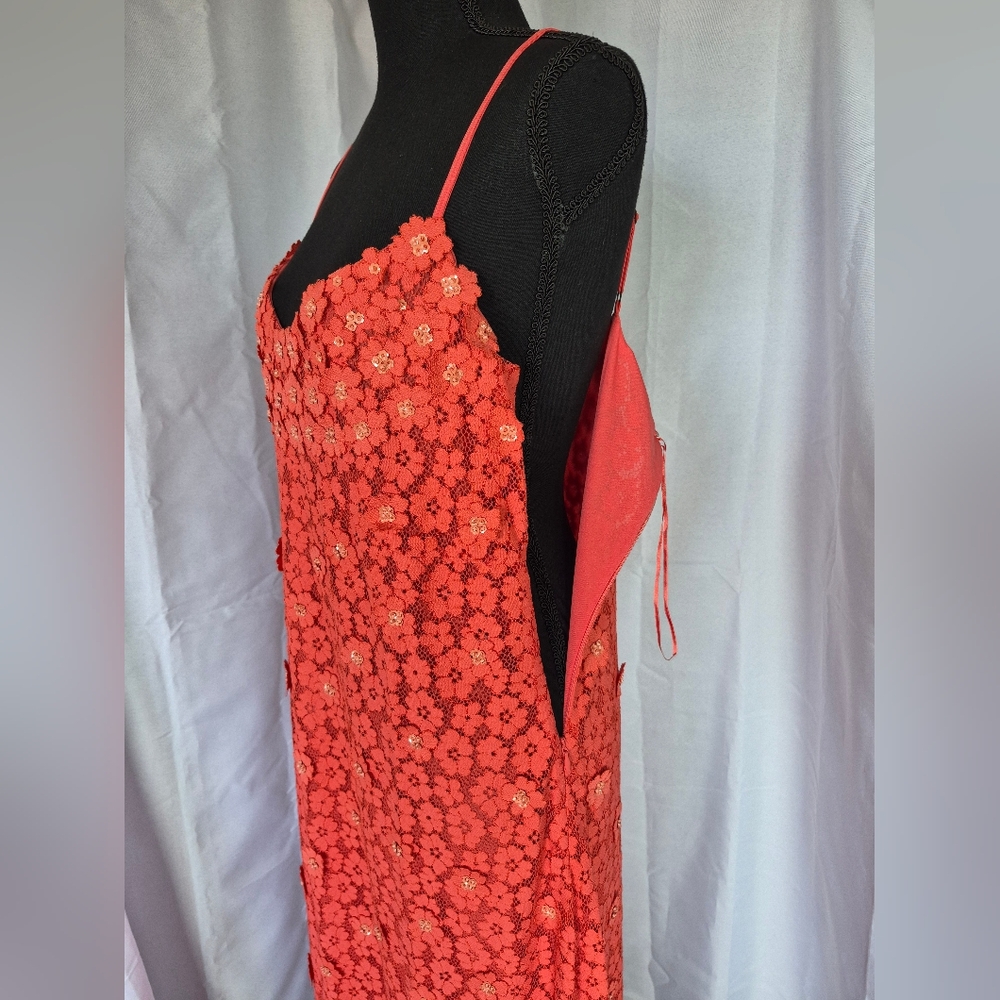 Michael Kors 3D Floral Maxi Dress Size Large Coral Orange Lined V Neck Fairy - Picture 10 of 16
